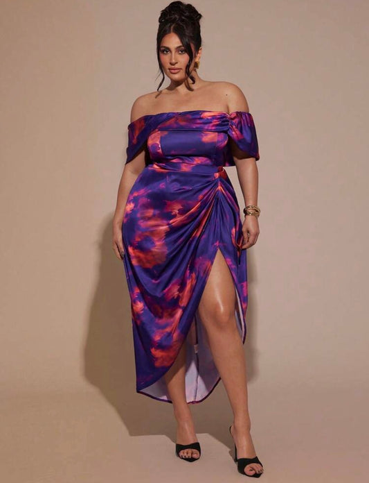 Vera Lone Off Shoulder Strapless Draped Plus Size Satin Dress (Purple)